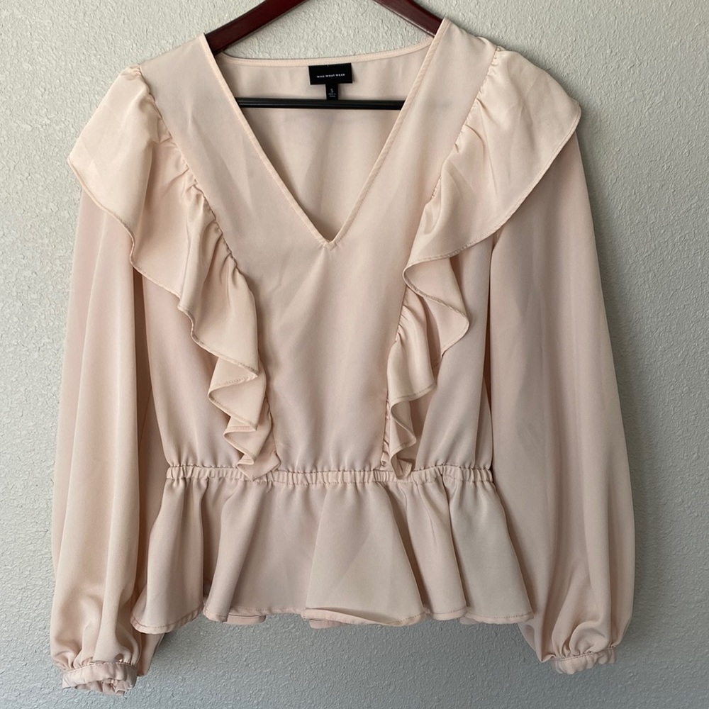 Who what wear pink ruffled peplum blouse